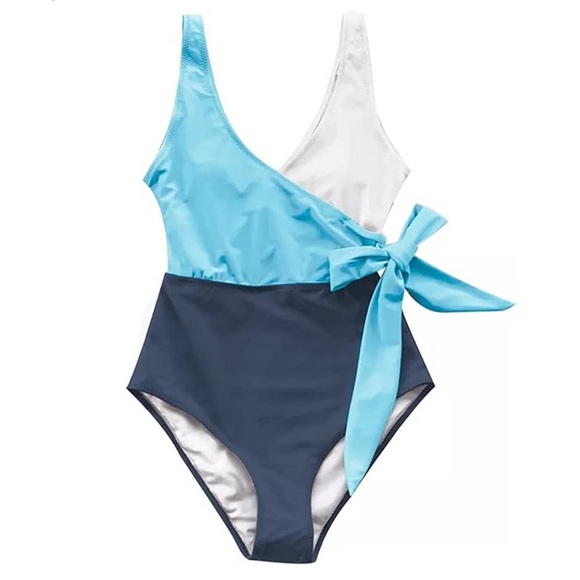 CUPSHE One Piece Blue Swimsuit Wrap Color Block with Tie Size Medium - Picture 4 of 16